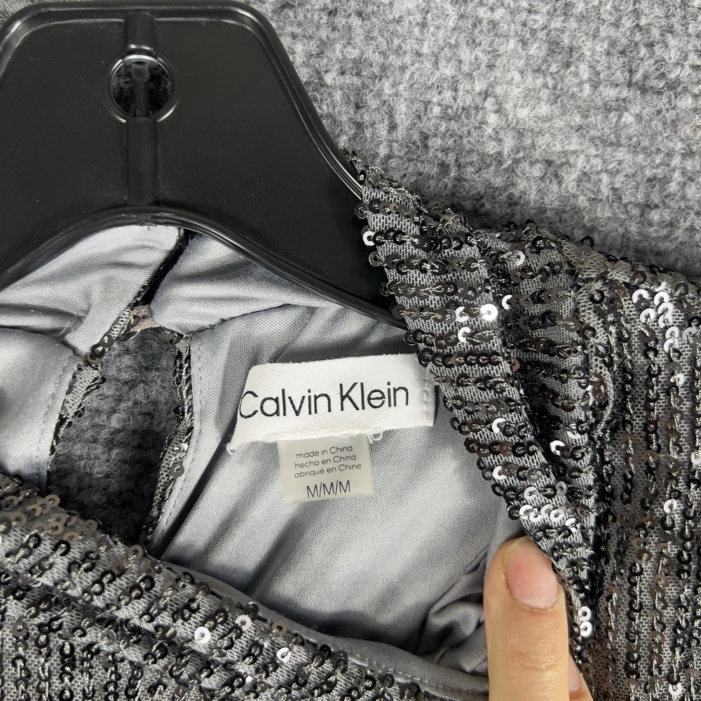 Calvin Klein Silver Sequin Top Mock Neck Short Sleeve Party Hollidays Blouse - Picture 7 of 10